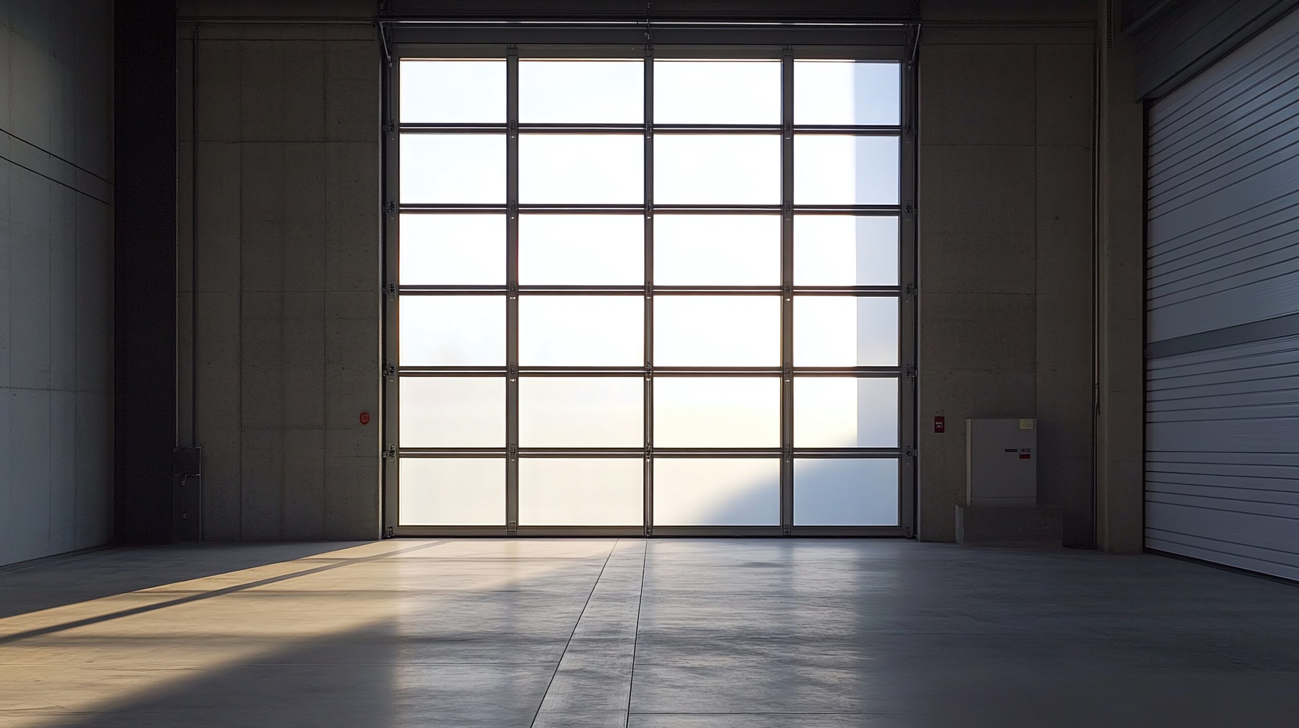 Garage interior flooded with natural daylight through a full-view glass garage door, used as a bright studio space