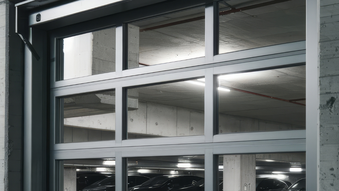 Closeup of the aluminum frame and glass panel detail on a modern full-view garage door