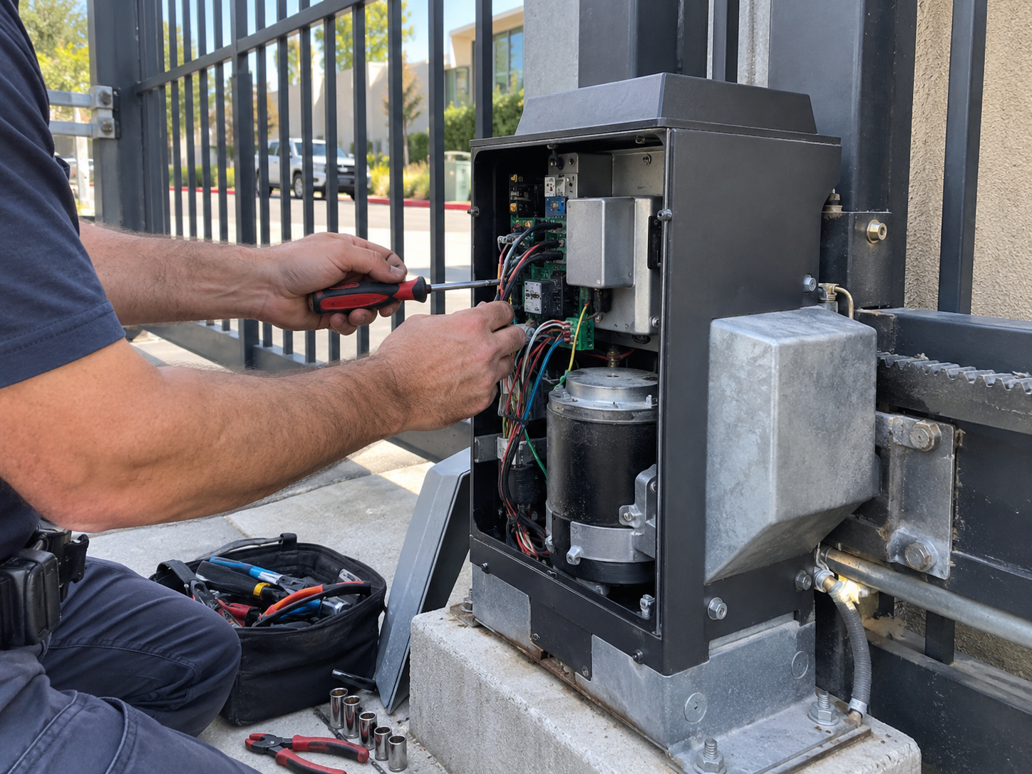 Technician servicing a commercial gate operator at a Los Angeles property