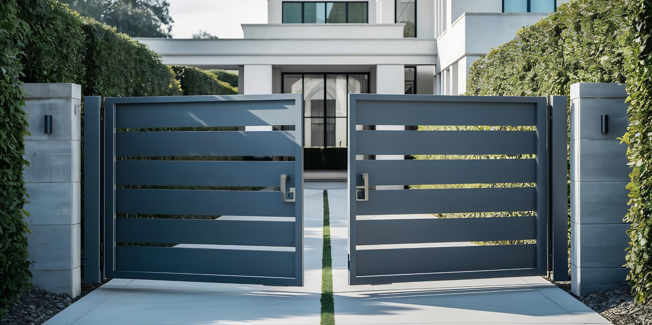 Double swing driveway gate opening on hinges in front of a Los Angeles estate