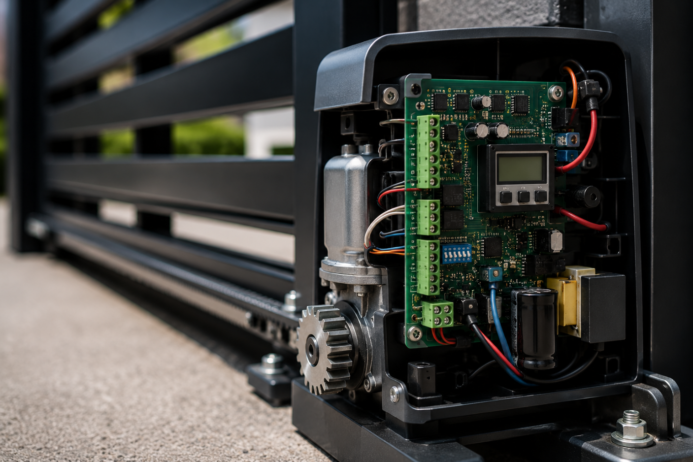 Closeup of an automatic gate control board and motor being diagnosed by a Gold Garage Door technician