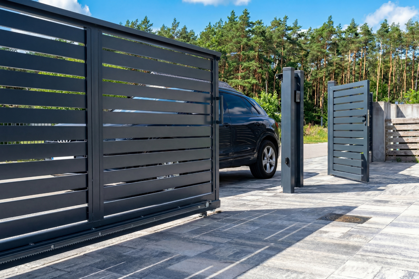 Modern aluminum driveway gate with a clean powder-coated finish installed in Los Angeles