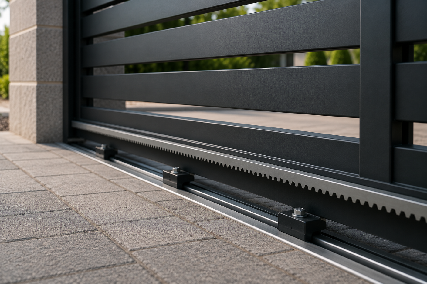 Modern sliding driveway gate moving horizontally along its track, installed by Gold Garage Door in Los Angeles