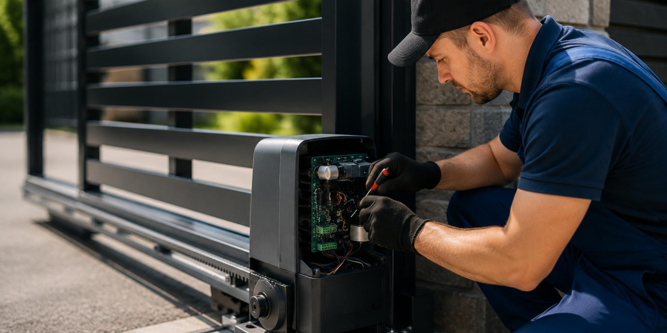 Gold Garage Door technician working on an automatic gate operator and motor in Los Angeles