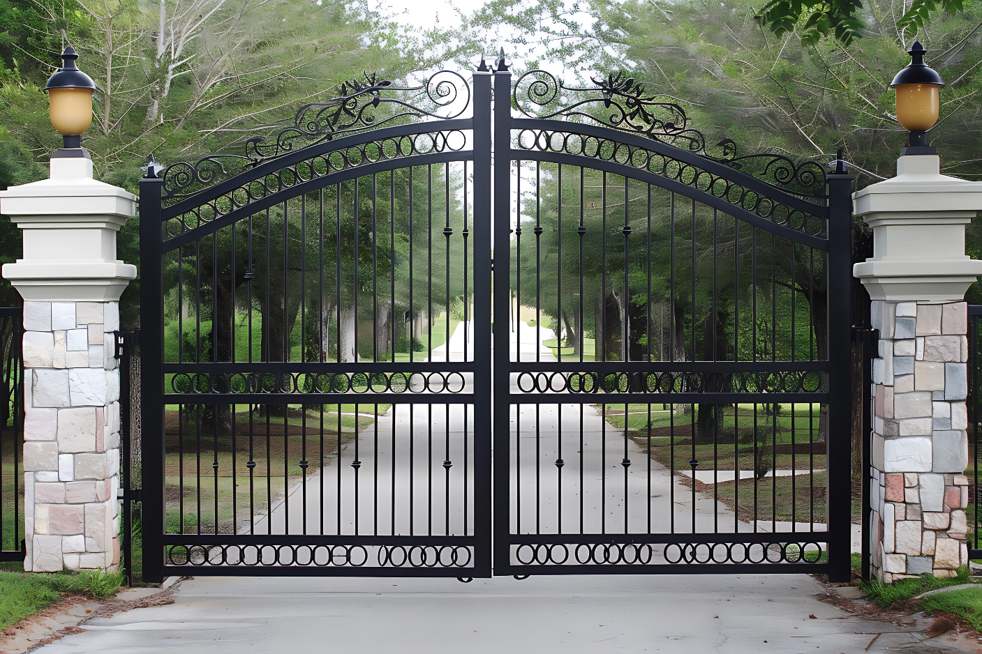 Detail of an ornate wrought iron driveway gate installed by Gold Garage Door in Los Angeles
