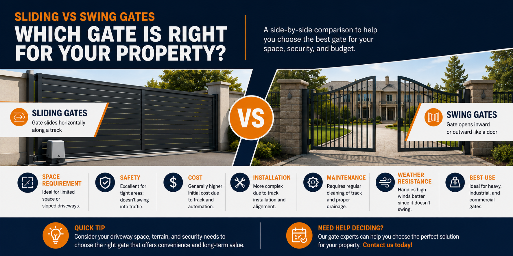 Sliding vs swing gates comparison: sliding gates slide horizontally along a track and suit limited space and sloped driveways; swing gates open inward or outward like a door. Compared on space requirement, safety, cost, installation, maintenance, weather resistance, and best use.