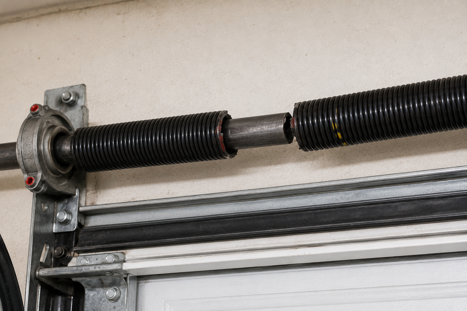 A visibly broken garage door torsion spring showing the gap where it snapped