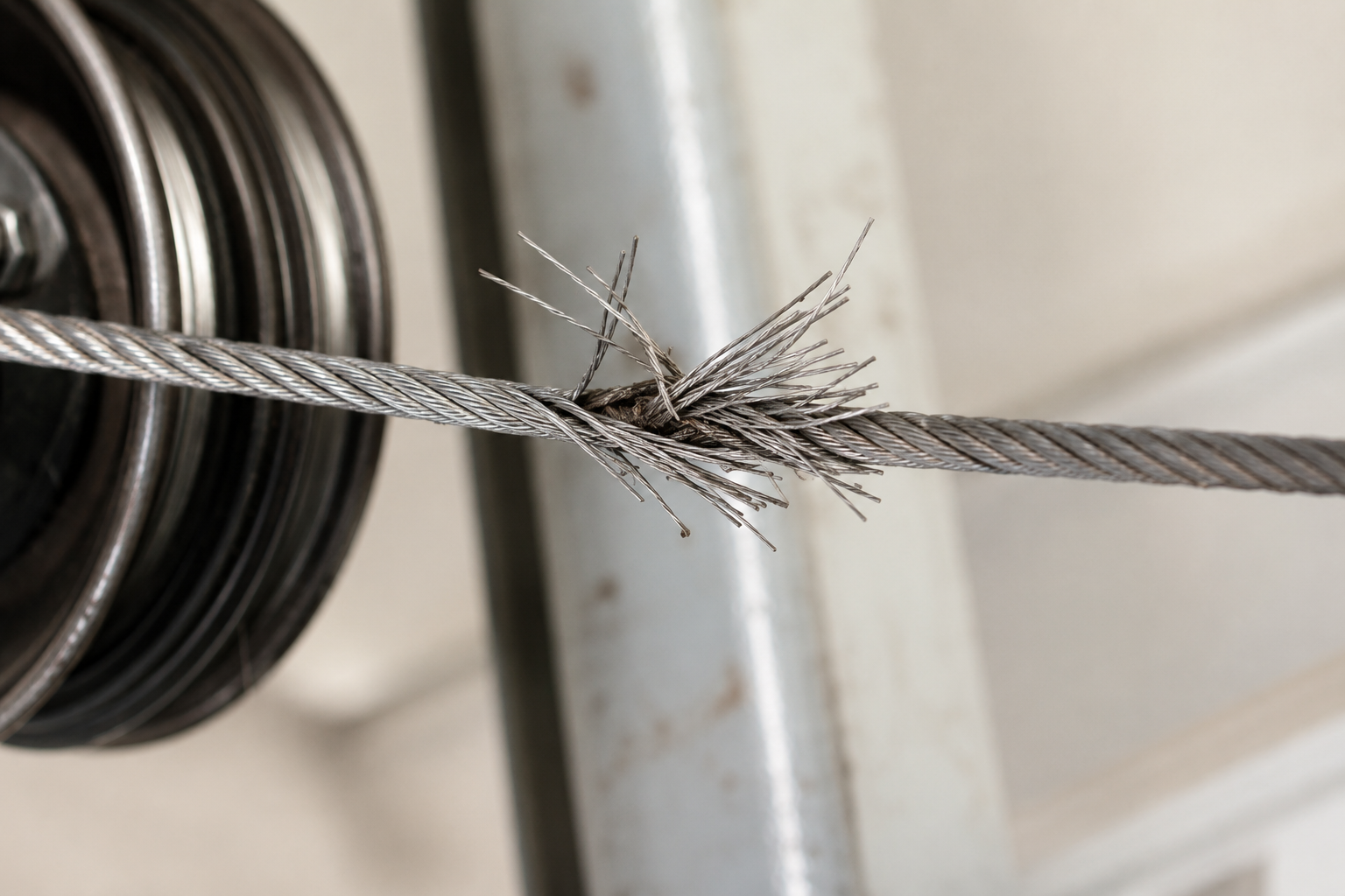 Closeup of a frayed and snapped garage door steel lift cable in Los Angeles