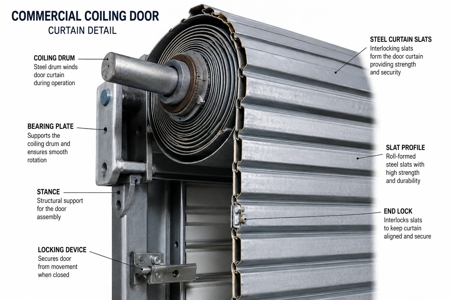 Labeled cutaway of a commercial coiling door showing the coiling drum, bearing plate, steel curtain slats, slat profile, end lock, and locking device
