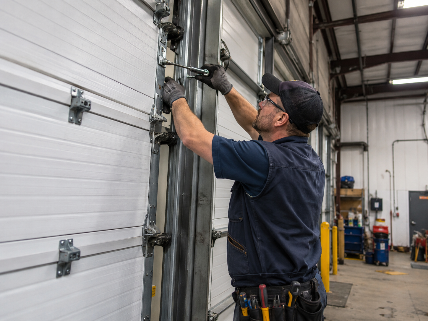 Gold Garage Door technician repairing a commercial garage door in Los Angeles