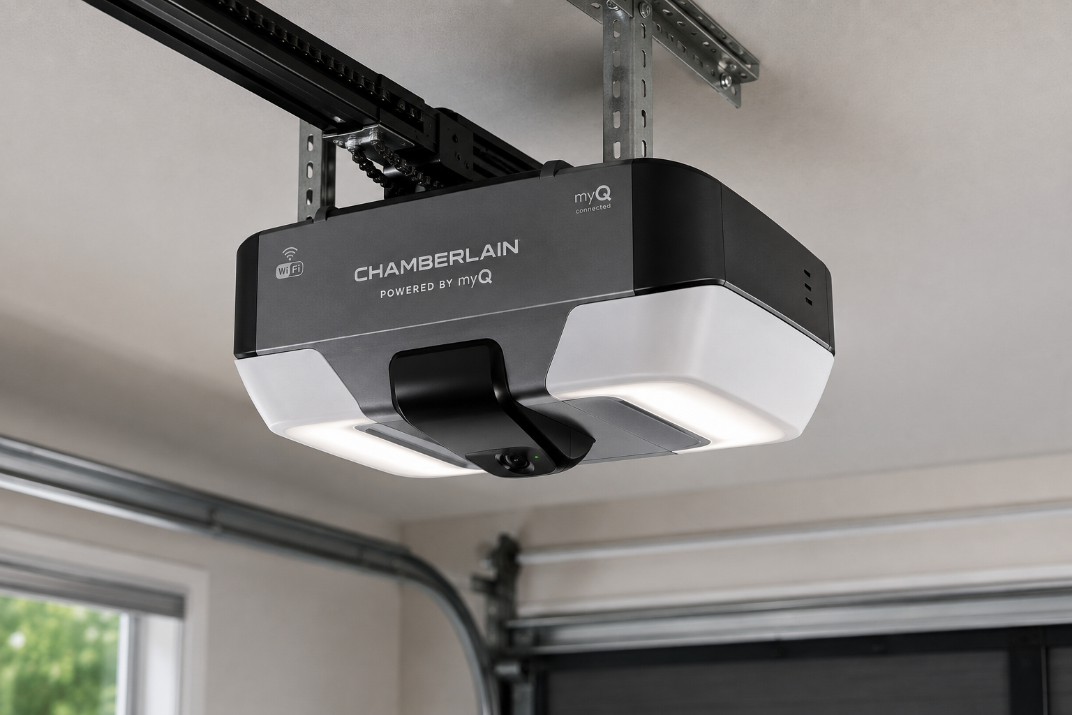 Modern smart Wi-Fi garage door opener unit mounted on the garage ceiling