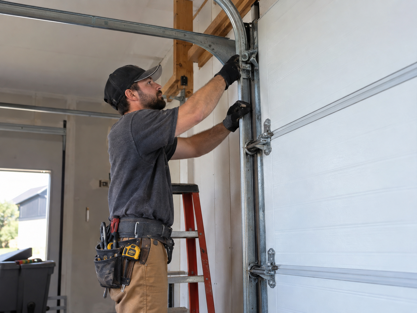 Gold Garage Door technician installing an overhead sectional garage door in Los Angeles
