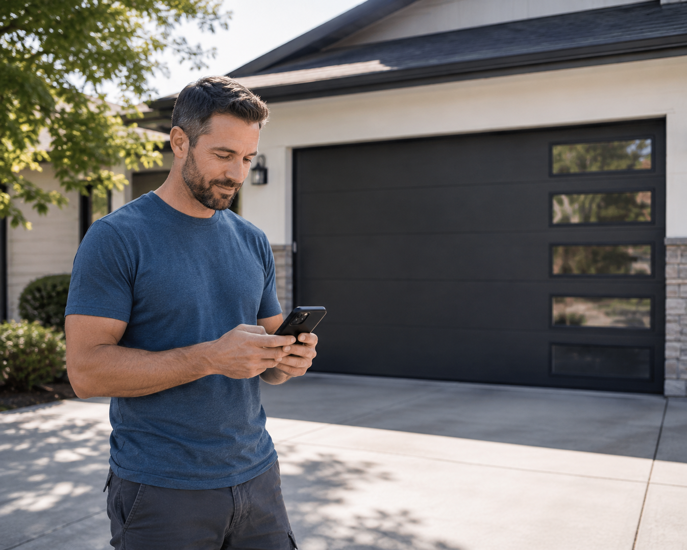 Homeowner in the driveway opening a smart Wi-Fi garage door from a phone app in Los Angeles