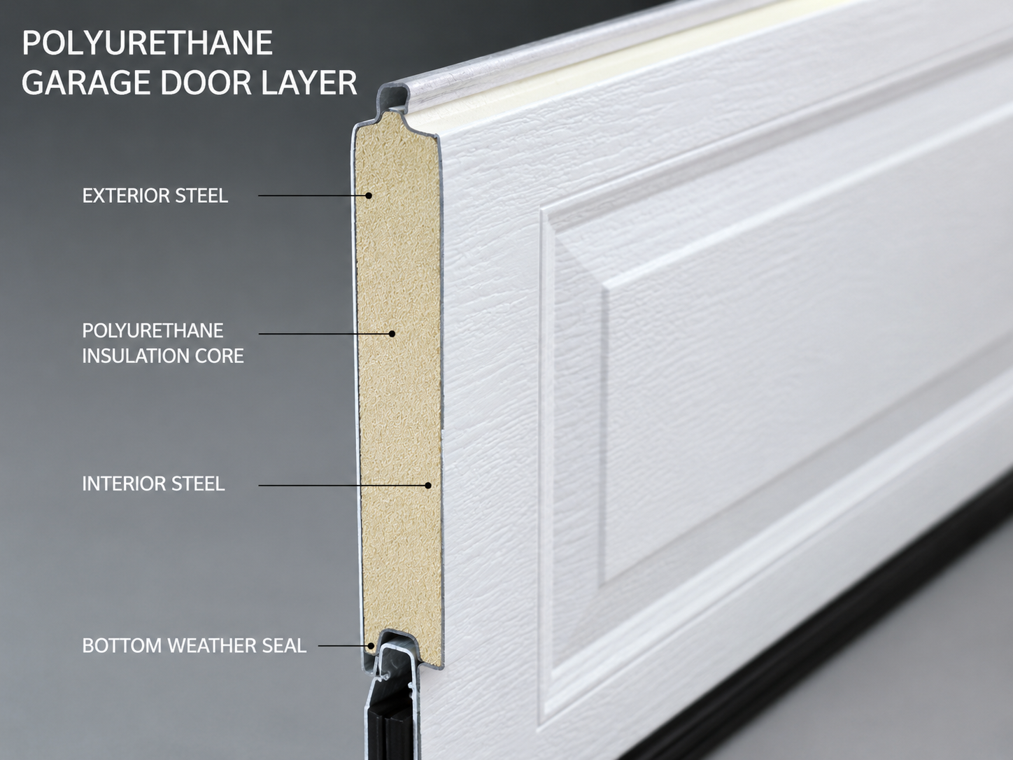 Cutaway of an insulated garage door showing exterior steel, polyurethane insulation core, interior steel, and bottom weather seal