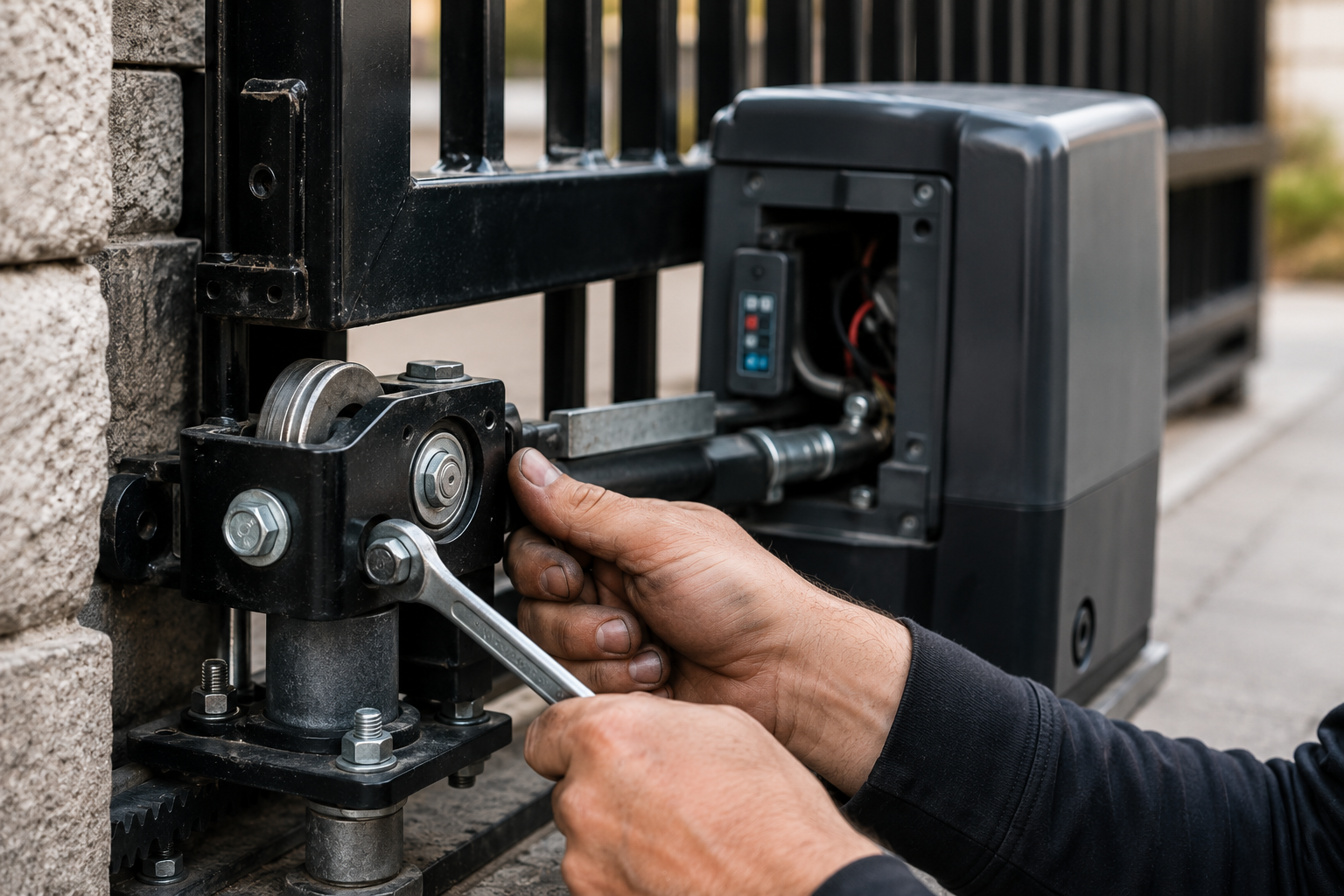 Technician repairing a sliding gate roller and track in North Hollywood