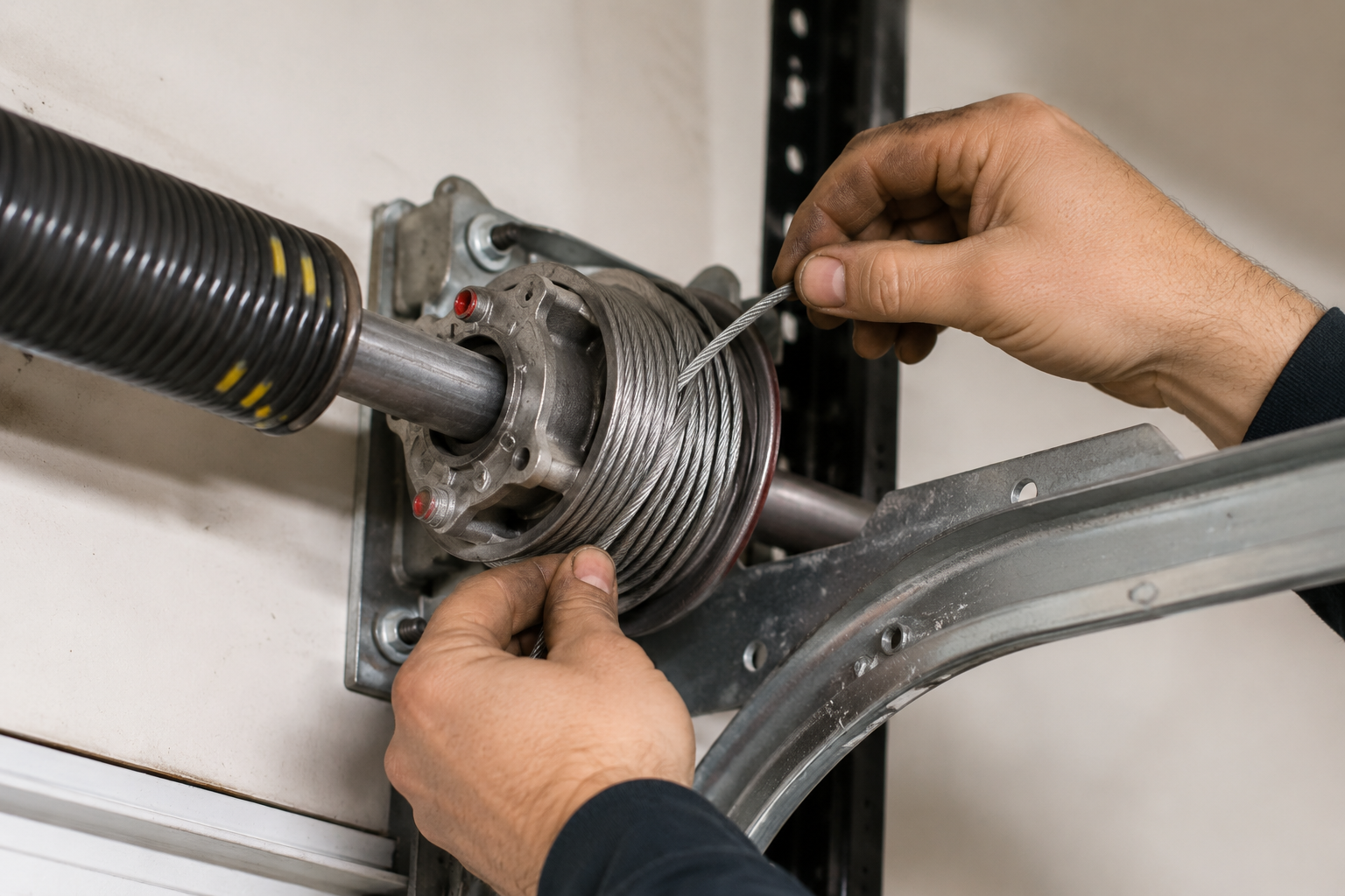 Gold Garage Door technician's hands threading a new lift cable onto the drum
